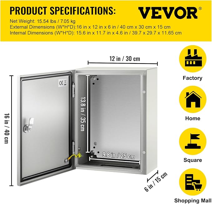 VEVOR Electrical Enclosure Box, Carbon Steel Hinged Junction Box, IP66 - Image 7