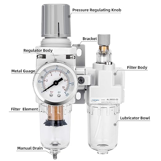 NANPU 1/4" NPT Compressed Air Filter Regulator Lubricator Combo, Water/Oil Trap - Image 2