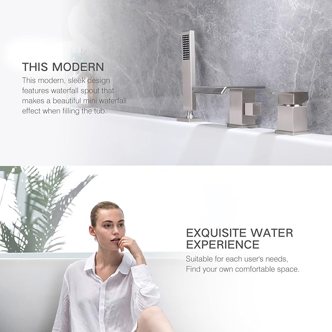 TapLong Modern Roman Tub Faucet with Hand Shower, Waterfall Deck Mount Bathtub Filler Faucet with Sprayer, Widespread 3-Holes Tub Shower Faucet Set in Brushed Nickel, 02763BN