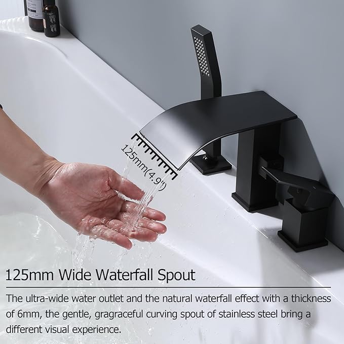 Waterfall Roman Tub Faucet with Hand Shower, Deck Mount Tub Filler Bathtub Faucet with Sprayer, Single Handle Bathtub Faucet Set, Brass Widespread 3 Hole Bathtub Shower Faucet Set Matte Black