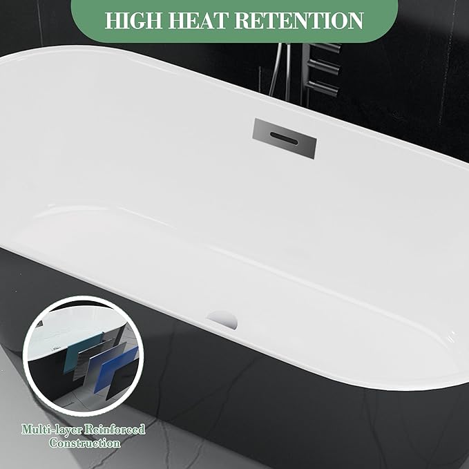 59" Deep Soaking Bathtub, Non-Slip Acrylic Tub with Chrome Drain, CUPC Certified, Ergonomic Modern Bath for Bathrooms, Easy-Install, Black Symmetrical