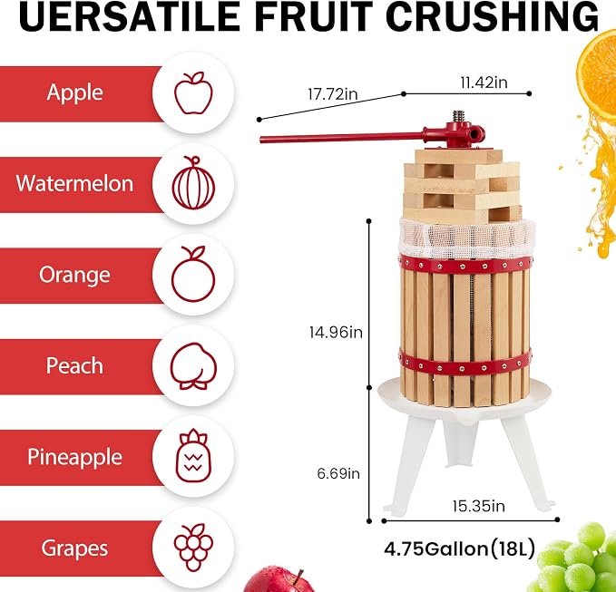 CAELUM Fruit Wine Press, 4.75 Gallon Wood Fruit and Cider Press Squeezer - Image 2
