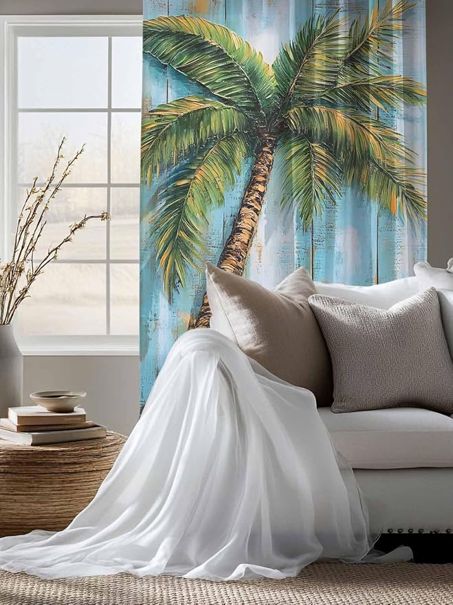 Sheer Curtains 72 Inches Long, Coastal Beach Tree Semi Sheer Curtains Light - Image 4