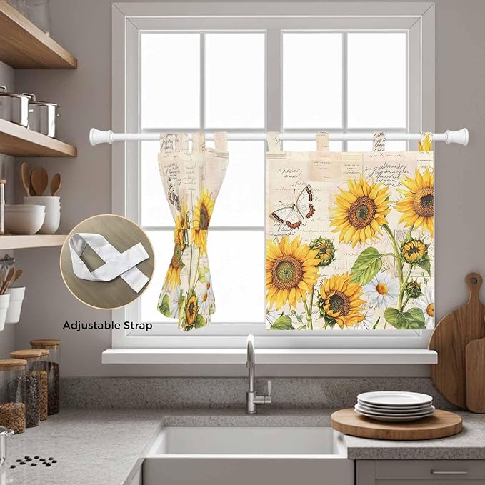 Yellow Sunflowers Kitchen Curtains 36 Inch Length, Small Window Curtains Tab Top - Image 5