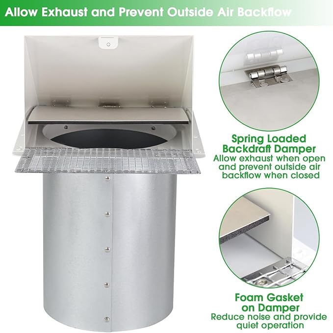 7 Inch Hooded Wall Vent with Mesh and Damper, Wall Vent Hood Duct Cap Exterior - Image 4