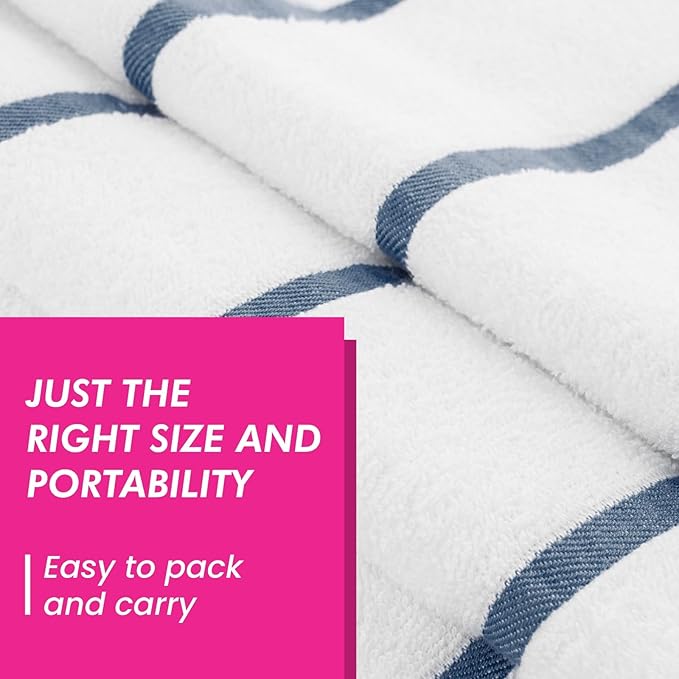 CASA COPENHAGEN Cabana Pool 2 Pieces Large Bath Sheet Set 70" x 35", 550 GSM, Designed in Denmark, Made of Soft Egyptian Cotton for Bathroom, Beach & Shower - White Navy Stripe