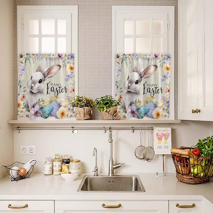 Easter Grey Bunny Kitchen Curtains Set 3 Piece - Image 7