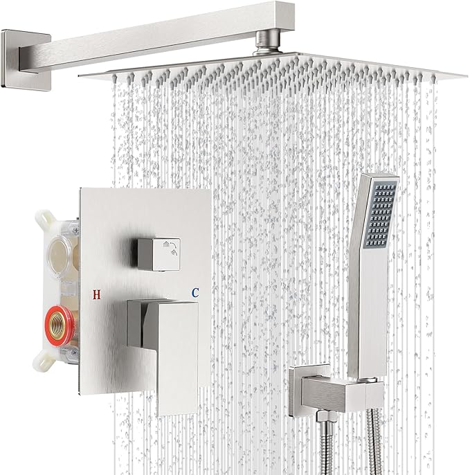 Shower Faucet Set with Shower Head, Wall Mount 10 Inch Square Rainfall Shower Head and Handle Set Single Handle Shower System Set with Female Threads Valve Body and Trim Included(Brush Nickel)