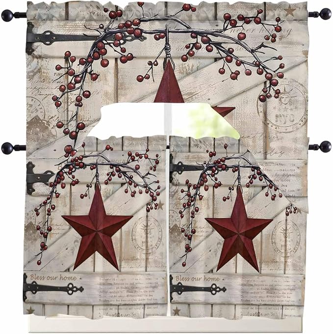 Village Stars Swag Kitchen Curtains Valance and Tier Set, Vintage Dark Red Star by Unknown