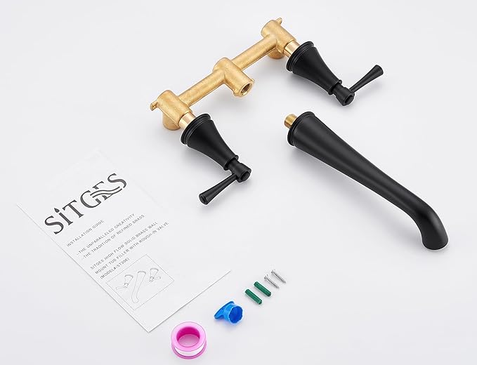 SITGES High Flow Matte Black Wall Mount Bathtub Faucet with Two Level Handles, Extra-Long 10.5" Spout Reach Solid Brass Wall Tub Filler with Rough-in Valve Included