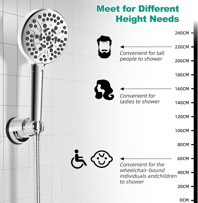 Hibbent Vacuum Suction Cup Shower Head Holder, Removable Shower Wand Bracket, Adjustable Height & Wall Mount ABS Plastic Suction Holder for Handheld Shower Head, Chrome Finish