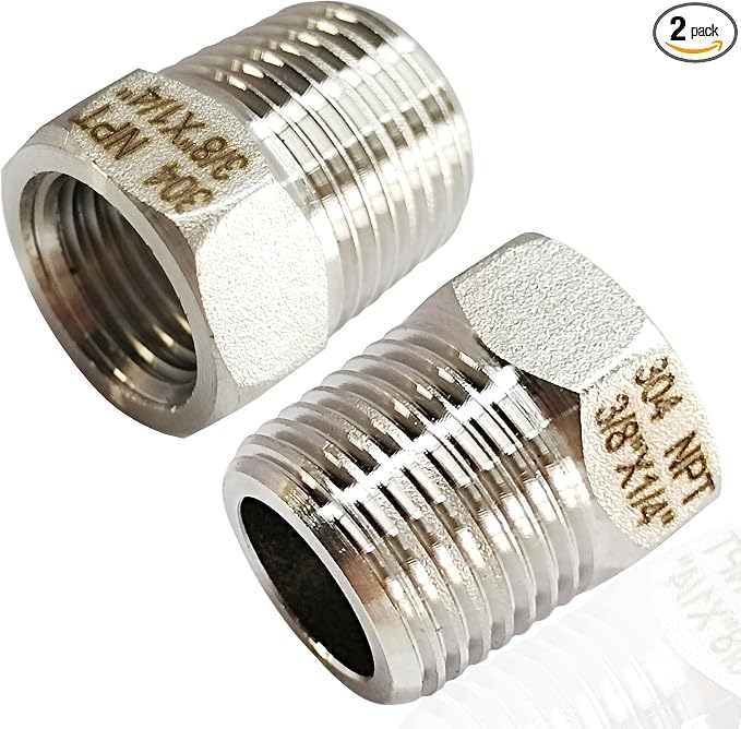 2 Pcs 304 Stainless Steel Reducer Hex Bushing, 3/8" Male NPT to 1/4" Female by Zounionline