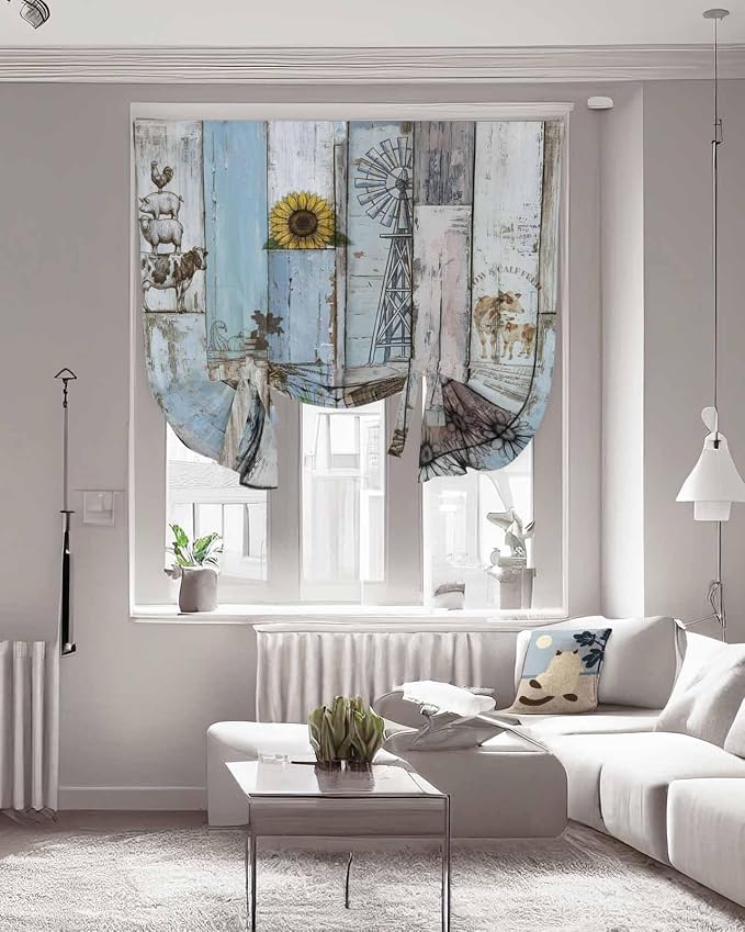 Tie Up Curtains for Windows, Farmhouse Barn Sunflowers Retro Blackout Curtains - Image 3