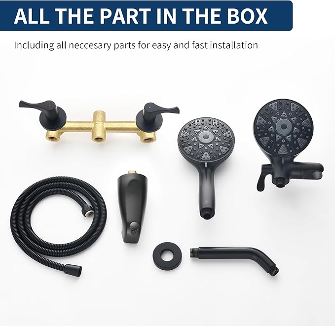 2 Handle Shower Faucet Set with Tub Spout and Shower Head Combo, Matte Black, Wall Mounted, 2 Handles, Brass, Complete Bathtub Shower Trim Kit