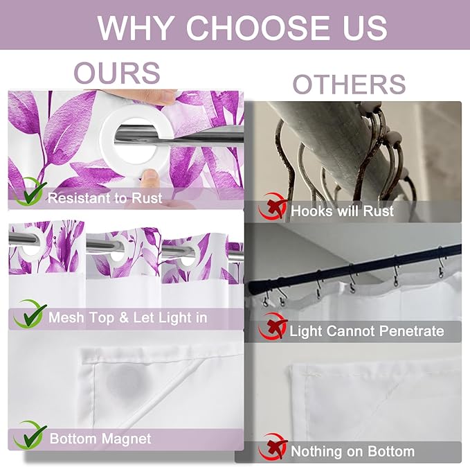 No Hook Shower Curtain and Liner Set, Purple Eucalyptus Floral Shower Curtains for Bathroom, Bath Curtain Sets with Snap in Liner, Waterproof with See Through Top Window, 71x77 Inches