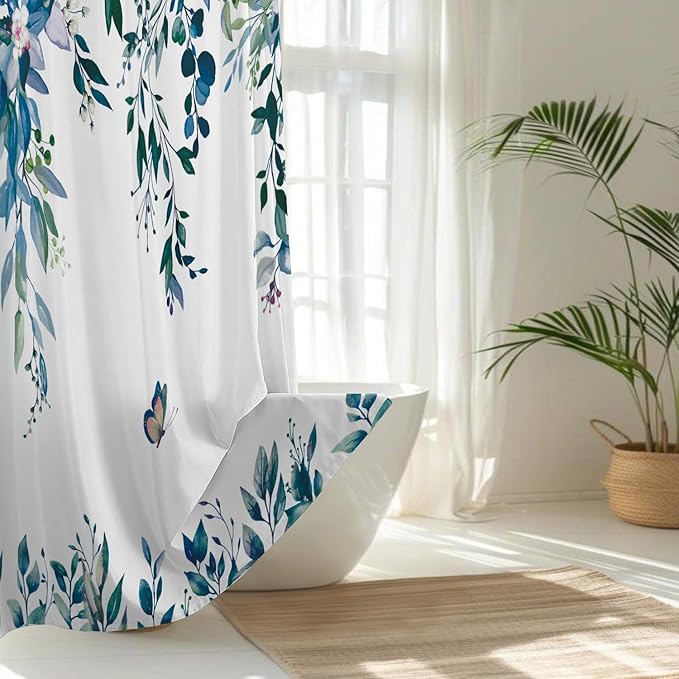No Hook Shower Curtain and Liner Set, Dark Blue Eucalyptus Floral Shower Curtains for Bathroom, Bath Curtain Sets with Snap in Liner, Waterproof with See Through Top Window, 71x84 Inches