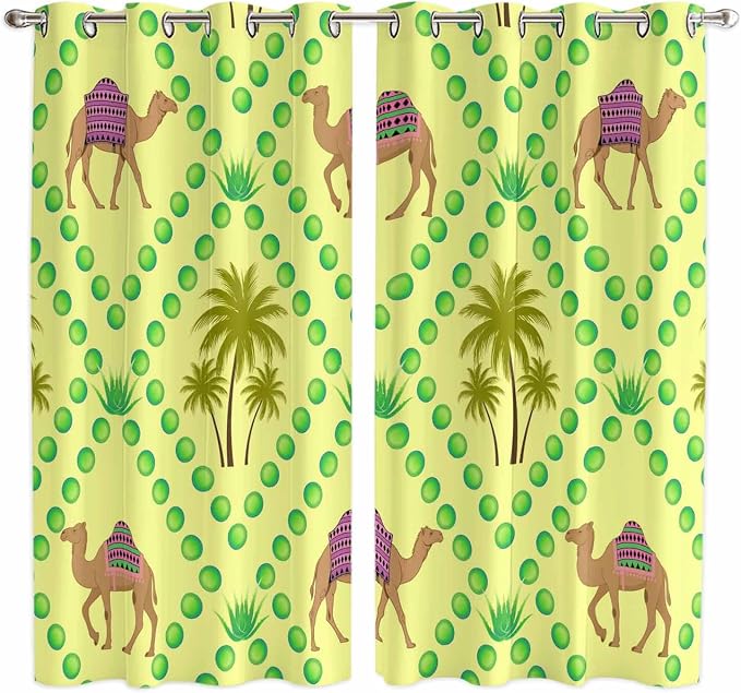 2 Panel Kitchen Cafe Curtains, Desert Sand Camels Sunlight Filtering Nature Air by Hokiten