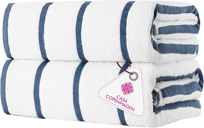 CASA COPENHAGEN Cabana Pool 2 Pieces Large Bath Sheet Set 70" x 35", 550 GSM, Designed in Denmark, Made of Soft Egyptian Cotton for Bathroom, Beach & Shower - White Navy Stripe