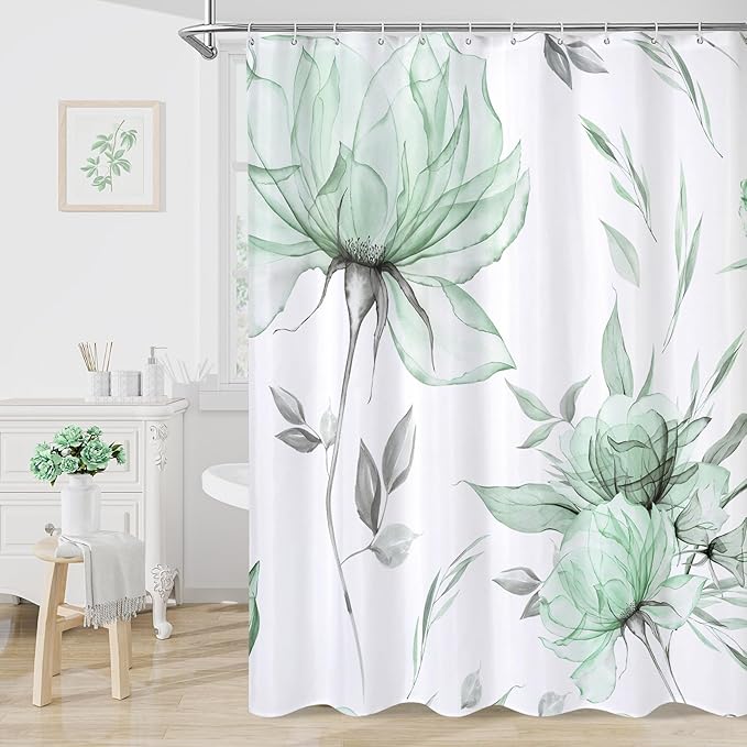 Long Boho Watercolor Floral Shower Curtain 72 x 78, Green and Grey Ink Painting Style Flower Shower Curtains for Chic Elegant Bathroom, Artistic 78 Inch Long Fabric Shower Curtain