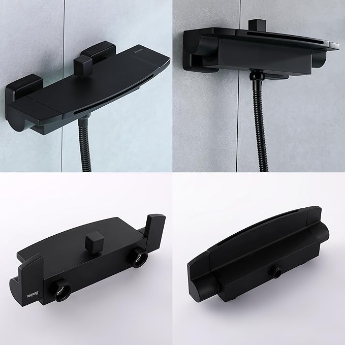 Wall Mount Tub Filler Matte Black Waterfall Tub Faucet with Sprayer, Brass Bathtub Wall Faucets with Hand Shower, High Flow Tub Spout, Bath Tub Faucet Set 2 Handles - JIAENLEMA