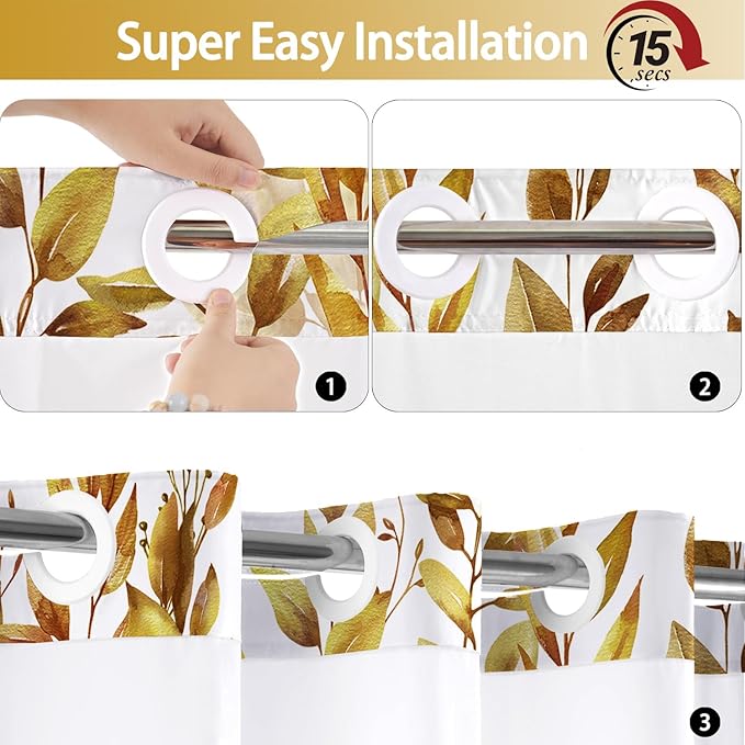 No Hook Shower Curtain and Liner Set, Yellow Eucalyptus Floral Shower Curtains for Bathroom, Bath Curtain Sets with Snap in Liner, Waterproof with See Through Top Window, 71x77 Inches