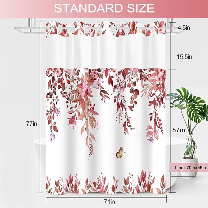 No Hook Shower Curtain and Liner Set, Red Eucalyptus Floral Shower Curtains for Bathroom, Bath Curtain Sets with Snap in Liner, Waterproof with See Through Top Window, 71x77 Inches