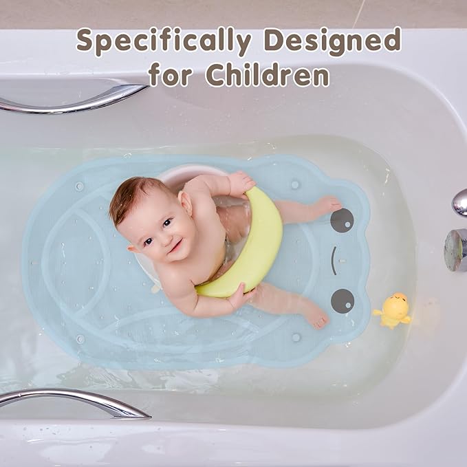 Bathtub Mat Non Slip, Kids Bath Mat 30"x 18", Bath Mat for Tub Non Slip with Strong Suction and Textured Surface, Natural Rubber Latex Free PVC Free Safe for Baby, Frog Pattern, Blue