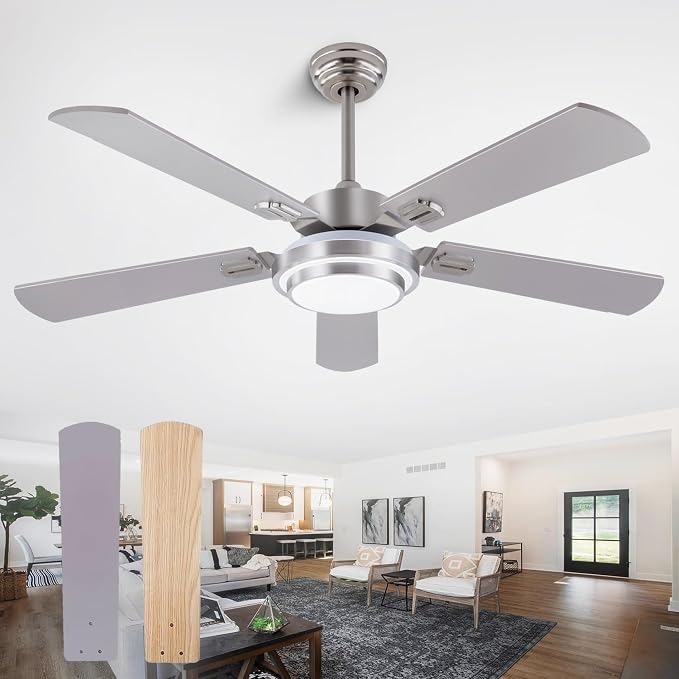 QUTWOB 52" Brushed Nickel Ceiling Fans, Farmhouse 5 Blades Ceiling Fans by QUTWOB