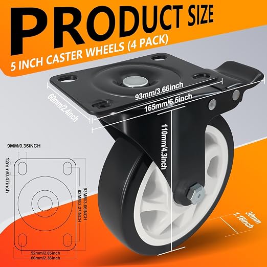 5 Inch Heavy Duty Caster Set of 4, Swivel Plate Castor Wheels - Image 2