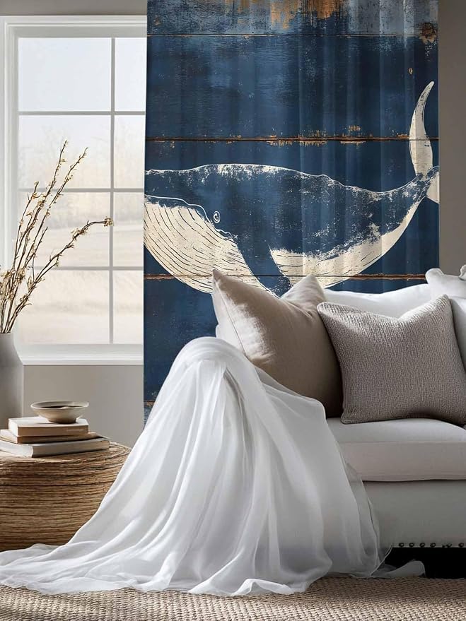 Sheer Curtains 72 Inches Long, Summer Whale Blue Semi Sheer Curtains Light - Image 4