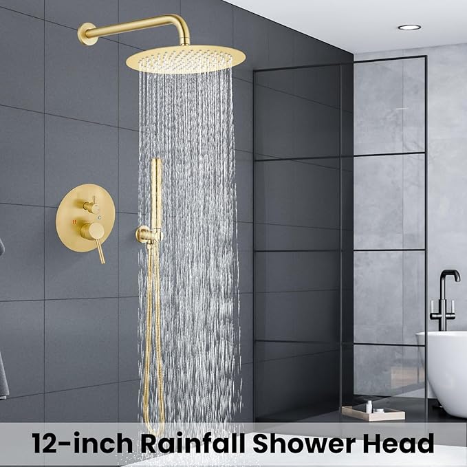Airuida Shower Fixtures 2 Functions Shower Faucet Set Wall Mounted for Bathroom High Pressure Brass Handheld Shower with Rough-in Valve Round Rainfall 12 Inch Shower Head Brushed Gold