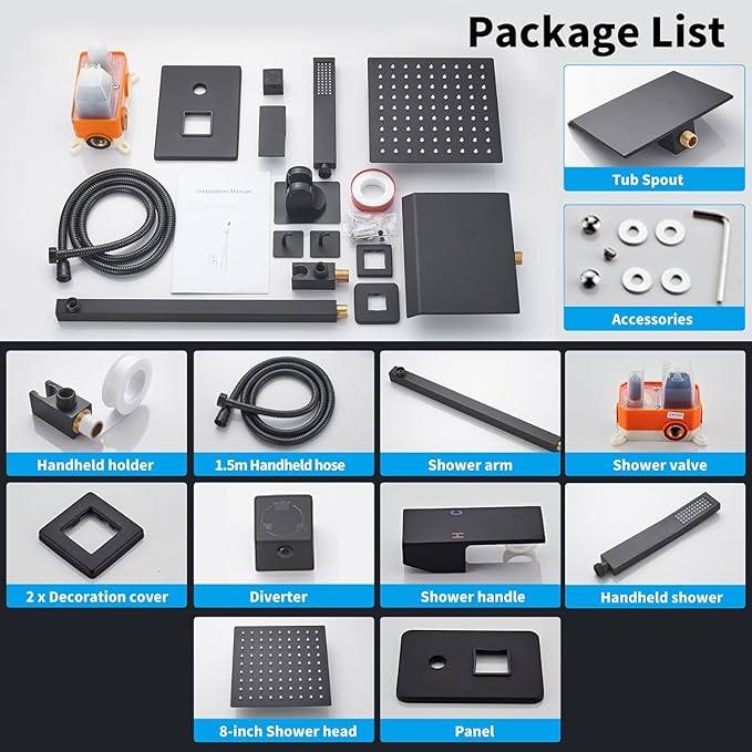10 inch Matte Black Shower System with Tub Spout, Shower Faucet Set with Rain Shower Head and Handheld 3-Setting, Waterfall Bathtub Spout Rainfall Shower Combo Set for Bathroom Wall Mounted