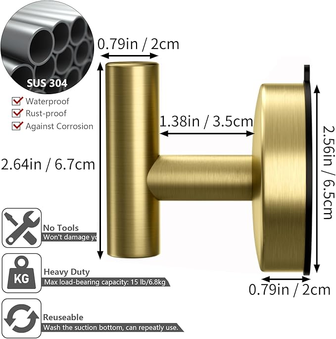 DGYB Large Cup Hooks for Bathrooms Set of 2 Gold Towel Hooks for Stainless Steel 15 Lb Removable Wall Hooks for Hanging Heavy Duty