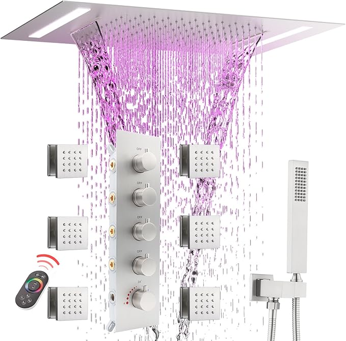 Multi Full Body Thermostatic Luxury Spa Shower System And 14x20 Inch LED 4 Functions Faucet Set, Rainfall Spray Waterfall Can Be Turned On Simultaneously,Brushed Nickel