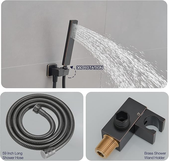 Oil Rubbed Bronze rain Shower Faucet Set Shower System 10 Inches Square Shower Head with Handheld, Waterfall Showerhead, All Metal Shower Faucet Trim Repair Kits (Contain Shower Valve)