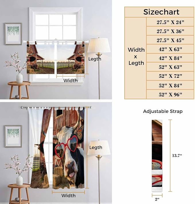Farm Cows Kitchen Curtains 24 Inch Length, Small Window Curtains Tab Top - Image 8