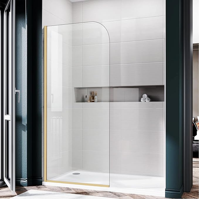 Glass Shower Panel, 30" W x 78" H Semi-Framed Fixed Shower Panel in Brushed Gold with 5/16"(8mm) Clear Tempered Glass Door, Simple Shower Door Panel for Bathroom