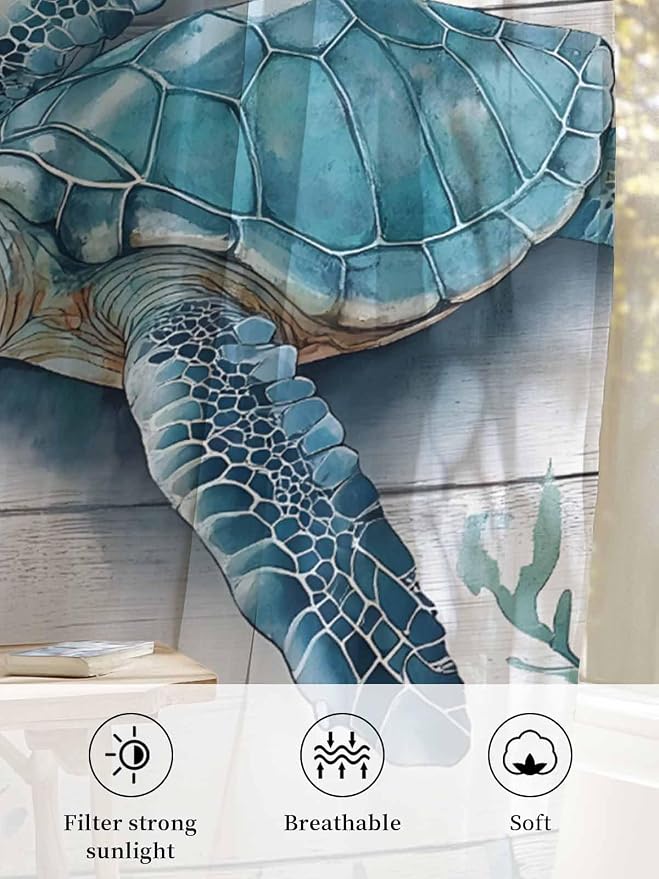 Sheer Curtains 72 Inches Long, Teal Green Sea Turtle Semi Sheer Curtains Light - Image 6