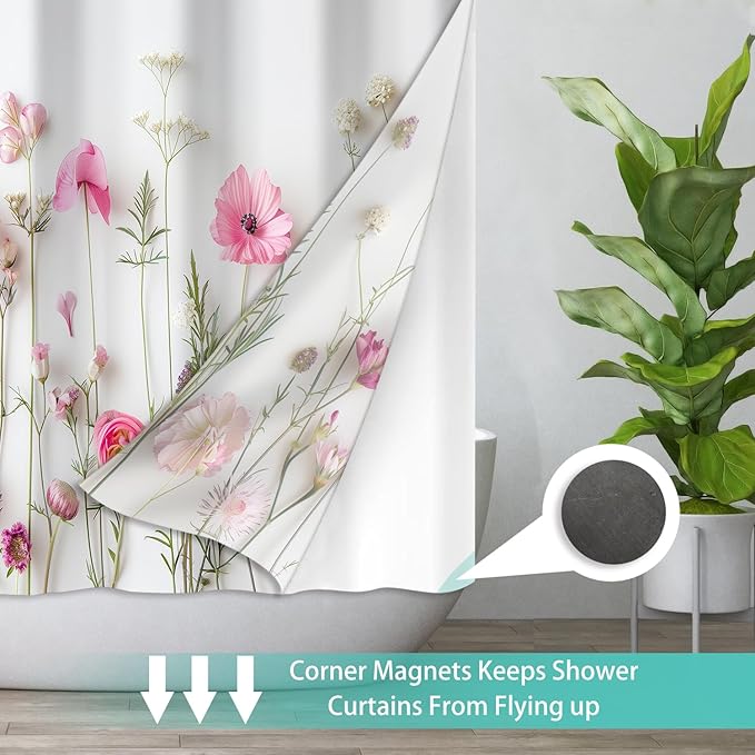 No Hook Shower Curtain Set with Snap in Fabric Liner for Bathroom,with See Through Top Window,Double Shower Curtain with Detachable Liner Replacement,Machine Washable,Pink Flower,71"x 74"