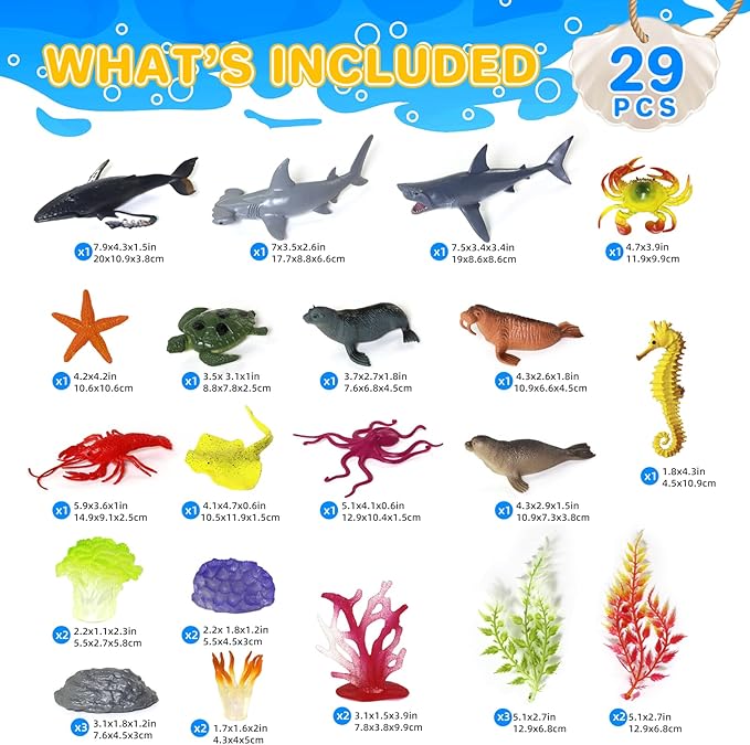 Ocean Sea Animal Figure Toys for Kids 3-5, Realistic Sea Life Figures Animal Creature Sand Toys Beach Bath Playset Include Shark Whale Corals Seagrass Crab Octopus Turtle for Toddler Boys & Girls