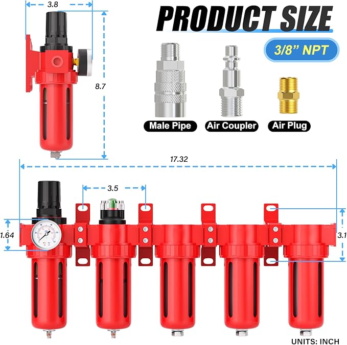 3/8" NPT Industrial Grade 5 Stage Aluminum Air Drying System, Coalescing Filter - Image 2
