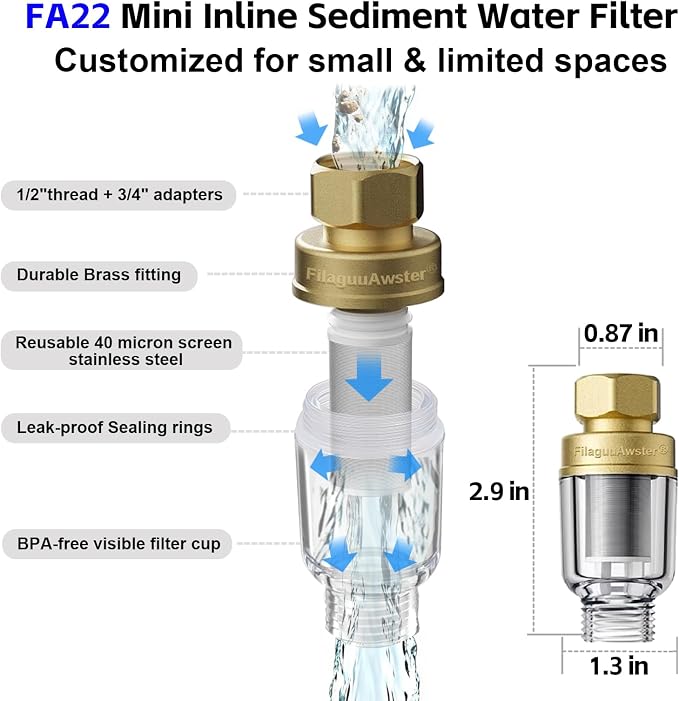 FA22 MINI Brass Sediment Filter, 50 Micron, Reusable Water Filter, Anti Scale - Image 5