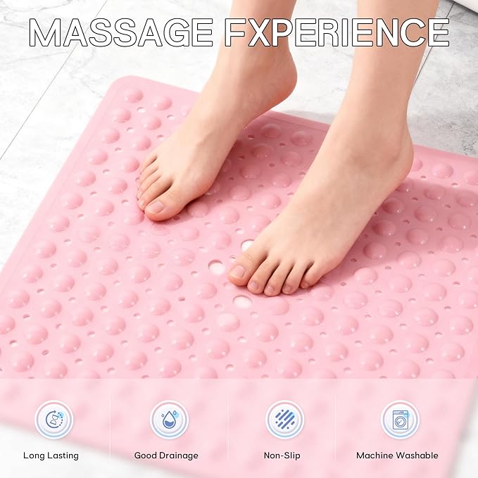 Anti-Slip Bathtub Shower mat, 20.8×20.8（Approximately 53×53cm） inch Soft Oversized Machine Washable Non-Slip Bathtub mat with Drainage Holes, Bathroom Floor Suction Cup.（1-Opaque Pink）