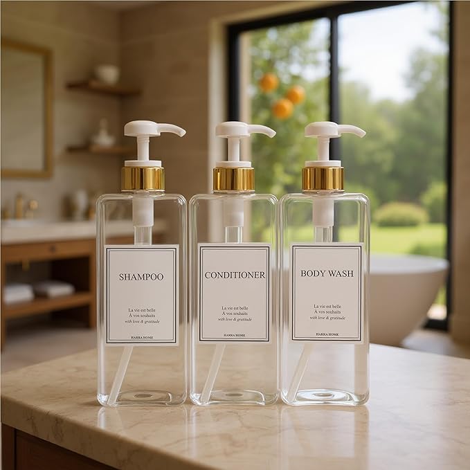 Modern Gold Design Shampoo and Conditioner Dispenser, Large 27oz Shower Soap Dispenser, Set of 3 Refillable Empty Plastic Pump Bottles for Bathroom, 6 Waterproof Labels Included, (Clear & White)