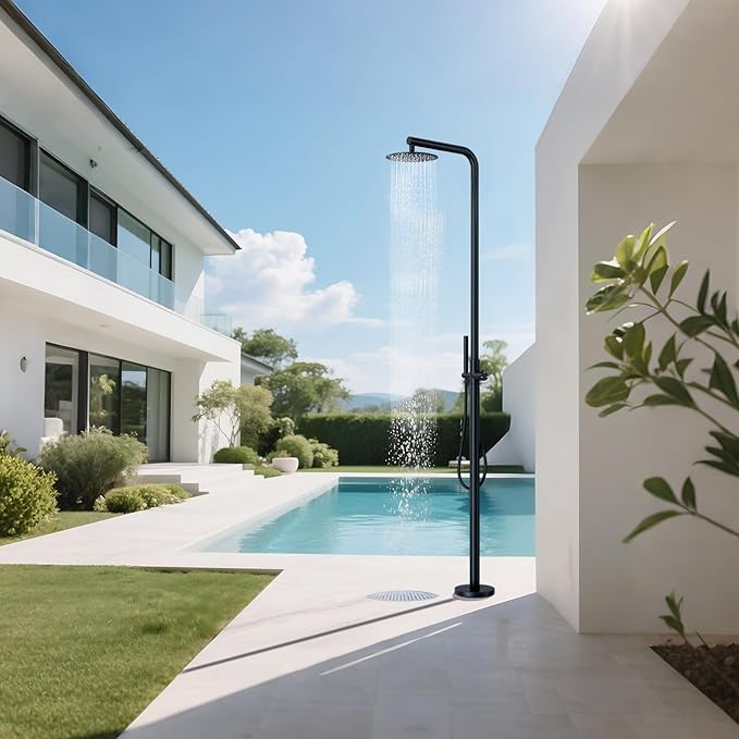 RBROHANT Freestanding Outdoor Shower Black, 316 Marine Grade Stainless Steel Beach Shower, Free Standing Hot and Cold Water Pool Shower with 10’’ Rain Shower Head and Wand, Matte Black, Floor Mounted