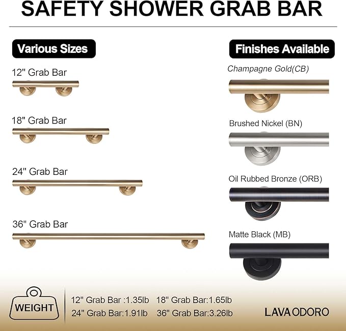 Lava Odoro Shower Grab Bar, Modern Stainless Steel Handicap Grab Bar for Bathtubs and Showers, Shower Safety Bar for Seniors Disabled, ADA-Compliant (Champagne Gold, 24 Inch)