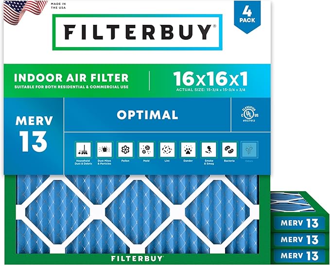Filterbuy 16x16x1 Air Filter MERV 13 Optimal Smoke & Allergy Defense, by Filterbuy