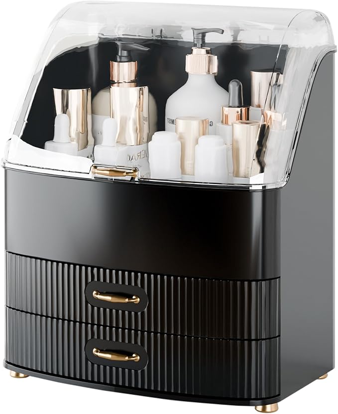 Makeup Organizer Countertop Vanity with Transparent Lid Drawers Waterproof Dustproof Cosmetic Skincare Bathroom Storage Gift for Women Teens Girls (Black)