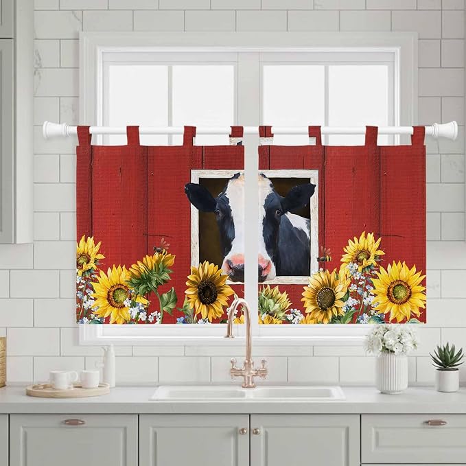 Cow Sunflowers Kitchen Curtains 36 Inch Length, Small Window Curtains Tab Top - Image 3