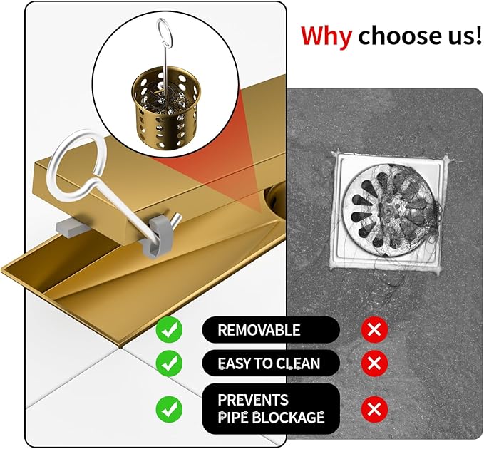 Linear Shower Drain, 304 Stainless Steel with Adjustable Leveling Feet, Hair Strainer,Reversely Install Place to Create an Invisible Floor Drain - Gold -12-Inch